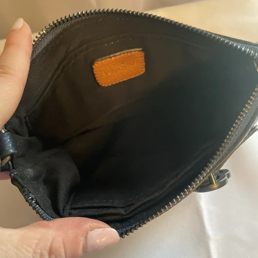 Belyn Key Navy Blue Brown Keystone Clutch Pouch Wristlet Wallet Pebbled Leather